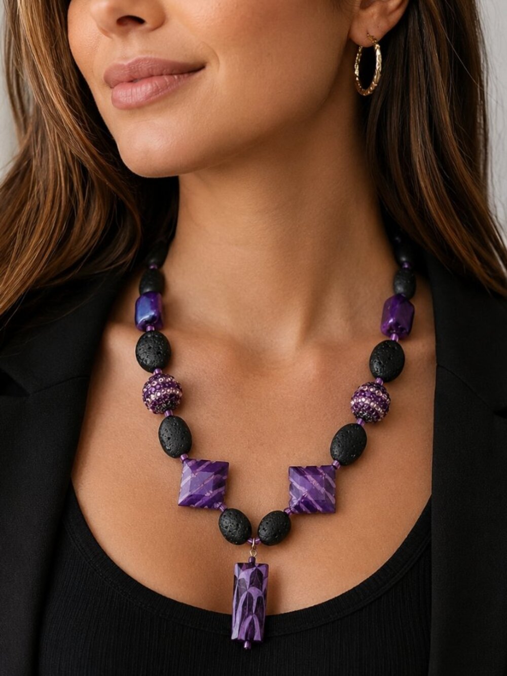 Purple Black Beaded Statement Necklace Geometric Crystal Boutique Jewelry